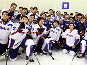 While the Korean women’s hockey team is a mix of players from South and North Korea, the men’s team features seven players from North America.