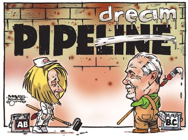 Alberta's Rachel Notley wants pipelines, but BC's John Horgan insists her wish is just a pipe dream. (Cartoon by Malcolm Mayes)
