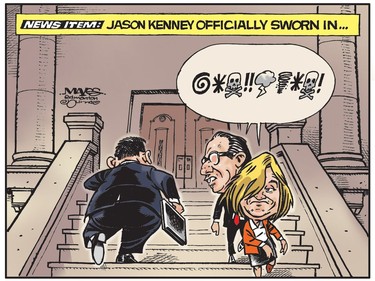 Rachel Notley and Joe Ceci help swear new UCP leader Jason Kenney in. (Cartoon by Malcolm Mayes)