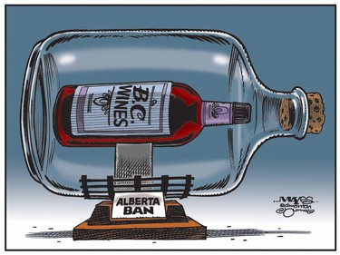 B.C. Wines are trapped within Alberta Ban bottle. (Cartoon by Malcolm Mayes)