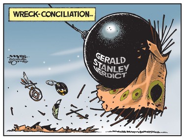 Reconciliation is wrecked after Gerald Stanley murder trial verdict. (Cartoon by Malcolm Mayes)