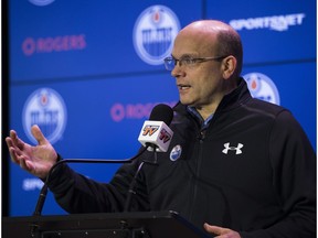 Edmonton Oilers General Manager Peter Chiarelli speaks about the trades he has made for the club in the last couple of days on Monday, Feb. 26, 2018 in Edmonton.