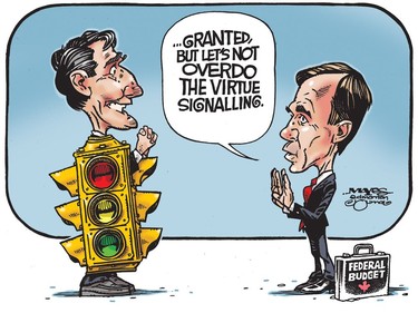 Finance Minister Bill Morneau warns Justin Trudeau not to overdo the virtue signalling. (Cartoon by Malcolm Mayes)