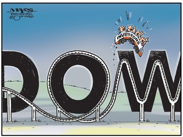 Dow Jones takes investors for wild ride. (Cartoon by Malcolm Mayes)