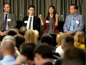 A panel discussion including (left to right) Allan Cleiren (COO, Aurora Cannabis Inc.), Everett Knight (Portfolio Manager, MatcoFinancial), Alison McMahon (CEO, Cannabis at Work), and Kam Nemec (CEO, GreenGreen) about what legal cannabis will mean for Canadians and Canadian business was held in at the Matrix Hotel in Edmonton on Tuesday, Feb. 13, 2018.