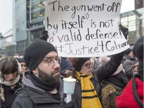 People take part in a vigil in support of Colten Boushie's family on Tuesday, February 13, 2018 in Montreal.