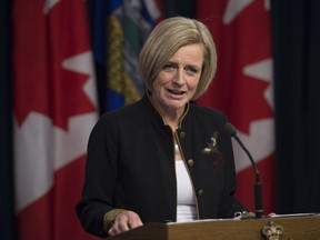Premier Rachel Notley addresses an emergency provincial cabinet meeting following the latest setback on the Trans Mountain pipeline expansion at the Federal building in Edmonton on Jan. 31, 2018.