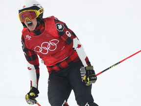 Kelsey Serwa of Canada celebrates winning the gold medal in the women's ski cross.