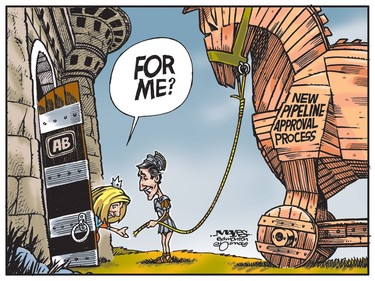 Justin Trudeau offers Rachel Notley a Trojan Horse filled with new environmental assessment legislation. (Cartoon by Malcolm Mayes)