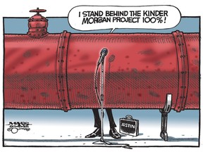 Prime Minister Justin Trudeau's support for the Trans Mountain pipeline in a panel drawn by Postmedia editorial cartoonist Malcolm Mayes.