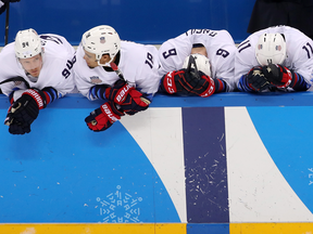 Team United States reacts after losing 3-2 in an overtime shootout to the Czech Republic.