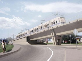 An elevated guideway for the west leg of the Valley Line LRT would look similar to this, covering a span from 146 Street to 154 Street in order to avoid traffic at 149 Street along Stony Plain Road.
