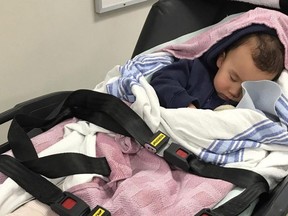 Two-year-old Julian Diaczok is treated after being injured in an escalator accident in Vancouver. A Calgary woman is reminding parents of the dangers of escalators after her toddler's foot was stuck in one and he broke his leg. Andrea Diaczek says she was holding her two-year-old son's hand as they went down the escalator at the Vancouver International Airport last Friday.THE CANADIAN PRESS/ HO-1130 News-Andrea Diaczok MANDATORY CREDIT urt