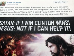 A Facebook ad linked to a Russian effort to disrupt the American political process and stir up tensions around divisive social issues, released by the U.S. House Intelligence Committee, is photographed in Washington, on Friday, Feb. 16, 2018. The ad, with the words "Hillary is a Satan, and her crimes and lies had proved just how evil she is" was listed as an excerpt of political advertising in the indictment charging 13 Russians and three Russian entities in an elaborate plot to interfere in the 2016 U.S. presidential election