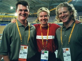CBC's Mark Connolly, pictured at the 2000 Sydney Olympics with cyclist Lori-Ann Muenzer and three-time Canadian Olympic medal winner and Connolly's former co-commentator Curt Harnett. Muenzer's gold medal win at the 2004 Athens Games was a highlight of his 22-year sportscasting career, says Connolly, who this week begins covering his 10th Olympics, the Pyeongchang games in South Korea.