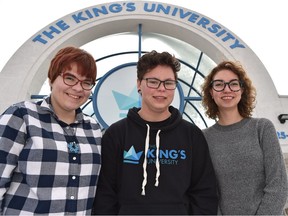The King's University students Emma Van Arragon, left, Shylo Rosborough and Erin Wassing  are members of SPEAK, the Sexuality, Pride, and Equality Alliance which organized the first Pride event at the university last week.
