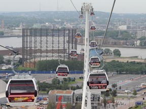 A view from one of the first rides on the Emirates Air Line cable car across the River Thames prior to its official opening to the public on June 28, 2012 in London, England.