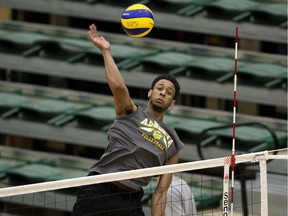 Taryq Sani takes part in a University of Alberta Golden Bears practice at the Saville Community Sports Centre on March 15, 2017.