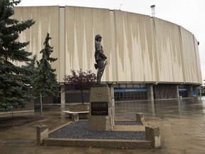 A statue of Arthur Henry Griesbach outside Northlands Coliseum.