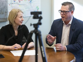 Postmedia's Elise Stolte conducts a Facebook Live interview with Ward 3 City Coun. Jon Dziadyk at City Hall in Edmonton on Thursday, March 8, 2018.