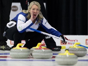 Cathy Overton - Clapham yells instruction to teammate Matt Dunstone during the 2018 Canadian Mixed Doubles Curling Championship, at the Leduc Recreation Centre Saturday March 31, 2018.