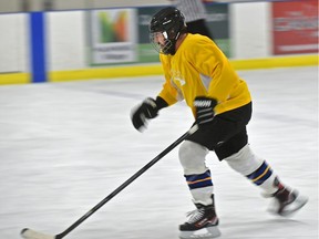 Reporter Juris Graney takes off down the ice at Clareview Recreation Centre in Edmonton, March 22, 2018 during his final hockey game as part of the Discover Hockey program.