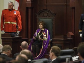 Lieutenant Governor Lois Mitchell delivers the Speech from the Throne, in Edmonton Alta, on Thursday March 8, 2018.
