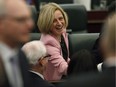 Alberta Premier Rachel Notley shakes hands before the speech from the throne in Edmonton on Thursday, March 8, 2018.