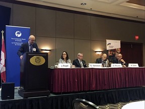 Edmonton Chamber of Commerce president and CEO, Janet Riopel, second left, speaks at a Conference Board of Canada seminar at the Sutton Hotel in downtown Edmonton Wednesday. (Photo by Trevor Robb)