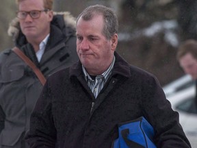 Gerald Stanley enters the Court of Queen's Bench for the fifth day of his trial in Battleford, Sask., on February 5, 2018. A publisher has rejected a request from a law firm that represents the Saskatchewan farmer acquitted in the fatal shooting of a young Indigenous man who now wants to tell "his side" of what happened. Last month, a jury found Gerald Stanley not guilty of second-degree murder in the 2016 death of Colten Boushie. Toronto-based publisher Between The Lines (BTL) says it received the request from Stanley's legal team.