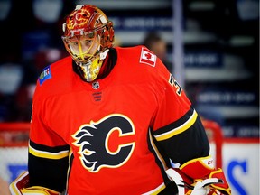 iCalgary Flames goaltender Jon Gillies during the pre-game skate before facing the New York Rangers in NHL hockey at the Scotiabank Saddledome in Calgary on Friday, March 2, 2018. Al Charest/Postmedia