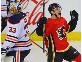 Calgary Flames' Garnet Hathaway celebrates after scoring against Cam Talbot of the Edmonton Oilers at the Scotiabank Saddledome in Calgary on Saturday, March 31, 2018. (Al Charest)