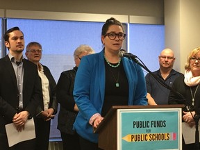 Edmonton Public school board vice-chairwoman Bridget Stirling speaks at a press conference in 2018.