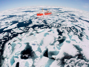 The Canadian Coast Guard icebreaker Louis S. St-Laurent makes its way through the ice in Baffin Bay. The vessel was built in 1969 and refitted in 1993.