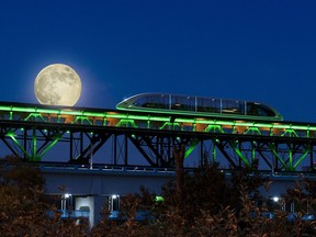 A rendering of Magnovate's maglev car on top of Edmonton's High Level Bridge. The cars are lighter than the existing streetcar and would function on demand to provide a new form of public transit to Edmonton.