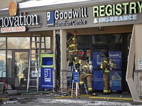 A fire broke out outside the Goodwill Donation Centre at Riverbend Square in southwest Edmonton on Sunday morning March 11, 2018.