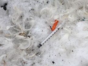 A used needle among the debris left behind after a homeless camp was cleared out of Dawson Park in Edmonton, Alta., on Friday, March 2, 2018.