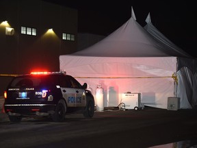 Police have setup a tent to investigate a homicide right on 51 Street near 162 Ave. in Edmonton, March 21, 2018.