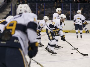 The Spruce Grove Saints warm up before playing in the final hockey game ever held at Northlands Coliseum in Edmonton in this file photo taken on Dec. 15, 2017. (Ian Kucerak)