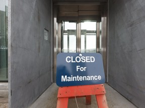 A closed for maintenance sign is seen on the elevator near Edmonton's funicular in the river valley in Edmonton, Alberta on Thursday, March 1, 2018. On Monday, it was still closed.