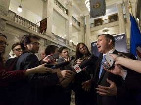 United Conservative Party leader Jason Kenney responds to the speech from the throne at the Alberta legislature in Edmonton, Alta., on March 8, 2018.