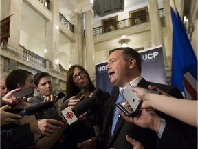 United Conservative Party leader Jason Kenney (pictured during a throne speech media scrum on March 8, 2018) had his first chance to question Premier Rachel Notley and the NDP government in the legislature.