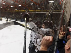 MacEwan Griffins' Ryan Baskerville (16) celebrates a goal against the NAIT Ooks during Game 3 of the Alberta Colleges Athletic Conference final at Northern Alberta Institute of Technology in Edmonton on Sunday, March 18, 2018. (Ian Kucerak)