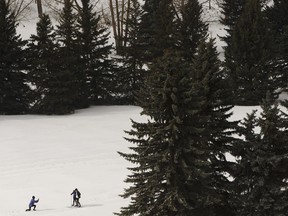 Skiers take a photo while exercising at Victoria Park after a snowstorm in Edmonton, on Friday, March 23, 2018.