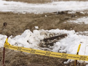 Skid marks and damage are seen Wednesday near Manning Drive and 18 Street after a crime spree left one man in hospital with life-threatening injuries.
