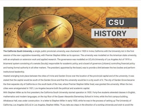 This website of the fake California South University appears to have copied the history of the University of Alberta, replacing place names with California cities. It also refers to California as a province.