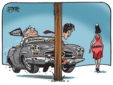 Justin Trudeau and Budget 2018 focus and gender and threaten economy. (Cartoon by Malcolm Mayes)