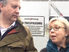 Green Leader Elizabeth May and NDP MP Kennedy Stewart joined anti-pipeline protest in Burnaby.