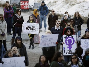 Approximately one hundred supporters of the #MeToo movement against sexual assault and harassment held a rally at the Alberta Legislature on Saturday March 10, 2018. The event was organized by March On Edmonton Collective, a women's rights group.