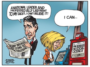 Justin Trudeau and Rachel Notley lament trusted allies who lied to their faces. (Cartoon by Malcolm Mayes)
